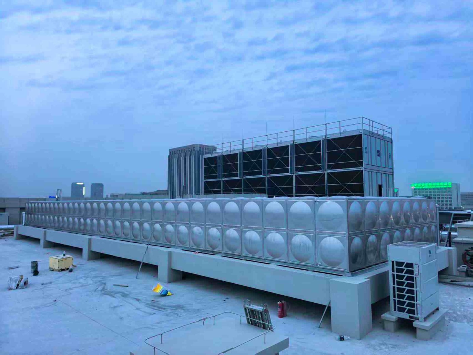 Close-up of industrial water tank structure — bolted panel components and engineering detail