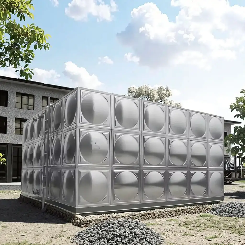 Silver stainless steel water tank against blue sky — ZENTVO bolted modular system