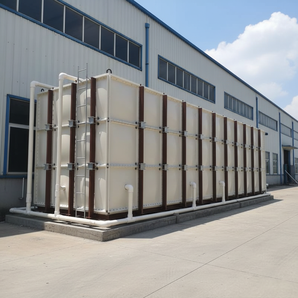 Industrial water storage tanks at a modern facility representing GRP FRP composite tank installations