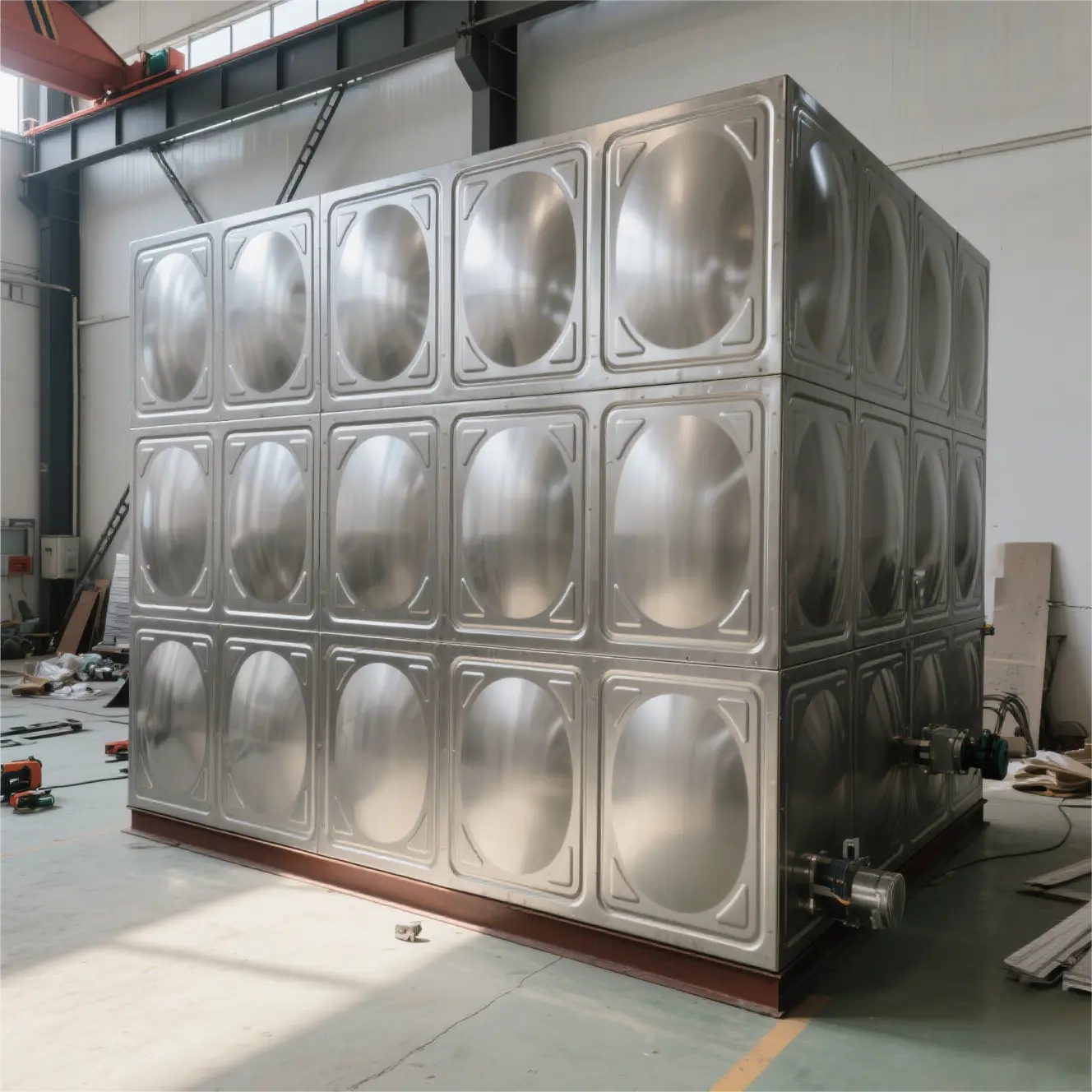 Insulated stainless steel storage tanks with piping at industrial facility