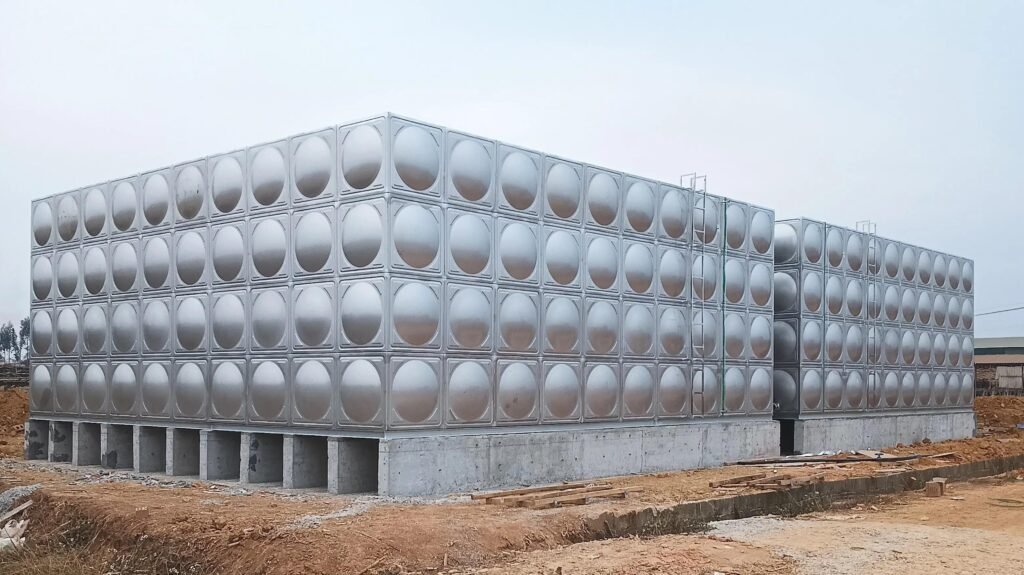 Stainless steel bolted water tank panels staged for installation